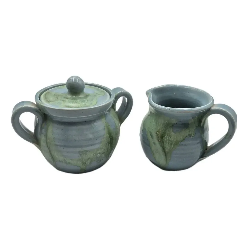 Signed Pottery Blue/Green Creamer Sugar 3.5